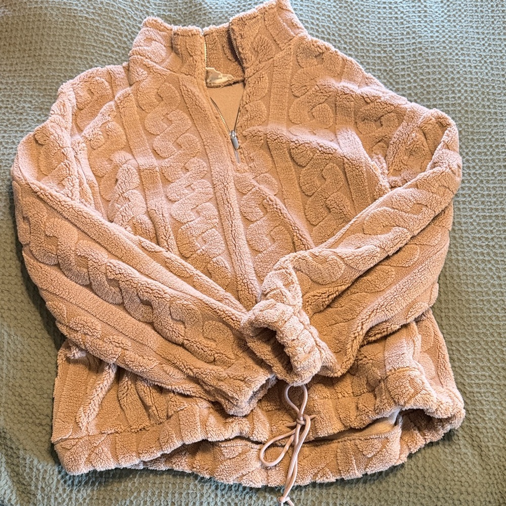 Cozy Textured Sherpa Quarter-Zip Pullover — light brown